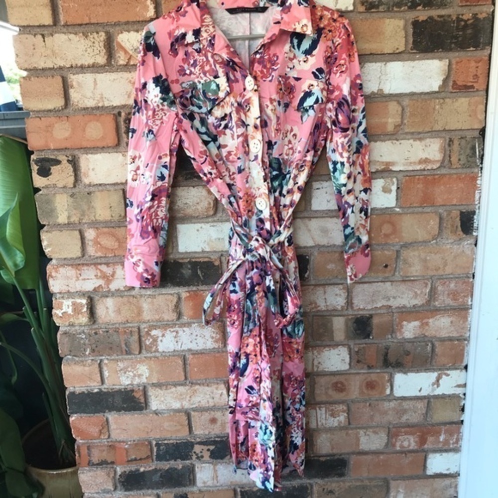 Zara Pink Floral Button Spring Shirt Dress with belt